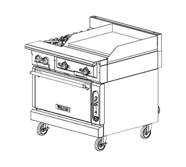 Vulcan V2BG4TB V Series Heavy Duty Natural Gas Thermostatic Range 2 Open Burners, Right Side Griddle & Cabinet Base 36" - 130,000 BTU