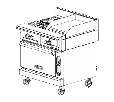 Vulcan V2BG8TB V Series Heavy Duty Natural Gas Thermostatic Range 2 Burners w/ Right Side Griddle & Cabinet Base 36" - 100,000