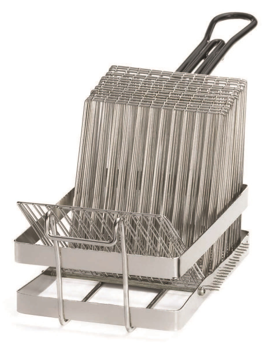 TableCraft 41 Chrome-Plated Steel Tostada Fry Basket with Front Hook and Black Cool-to-Touch Vinyl Handle - Holds (17) 6" Shells - 8/Case