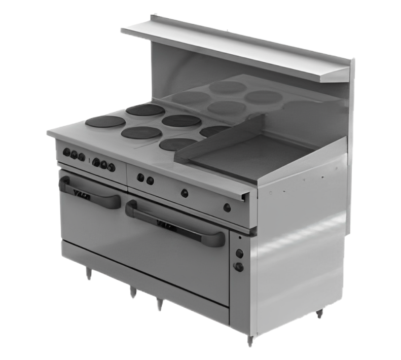 Vulcan EV60-SS6FP24G480 Endurance Electric Range Six French Plate w/ Griddle, One Oversized Oven & One Standard Oven 60" - 480V