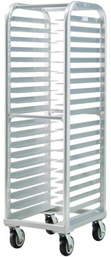 New Age 4339 Lifetime Series Aluminum End Loading Mobile Wide-Angle Bun / Sheet Pan Rack w/ 3" Bottom Load Slides 73"H - 20 pan/capacity