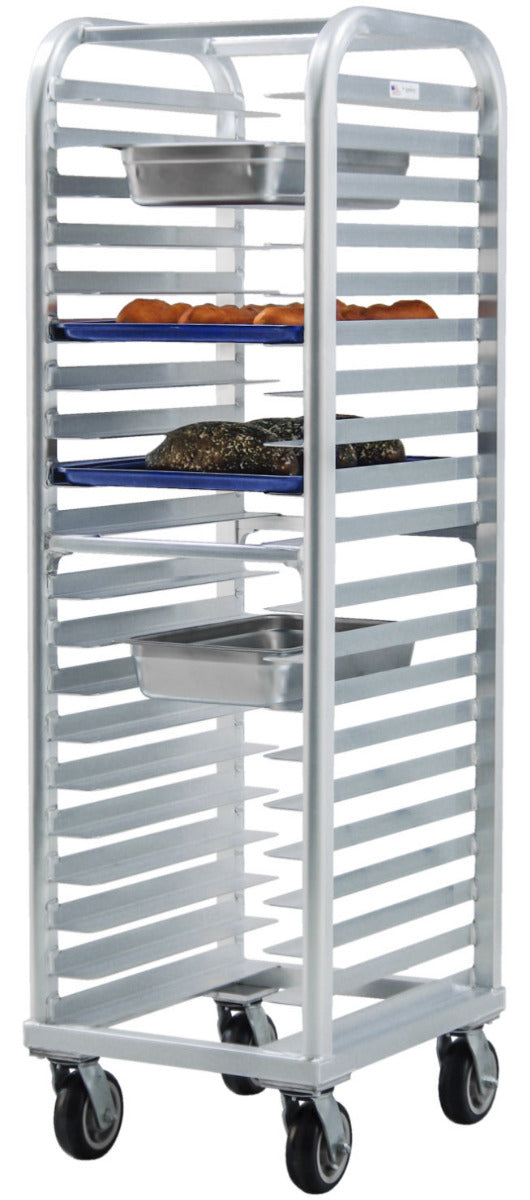 New Age 4339 Lifetime Series Aluminum End Loading Mobile Wide-Angle Bun / Sheet Pan Rack w/ 3" Bottom Load Slides 73"H - 20 pan/capacity