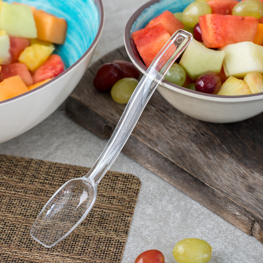 Carlisle 446007 One-Piece Plastic Solid Salad/Buffet Serving Spoon with Notched handle 9" - 1/2 oz. - Clear