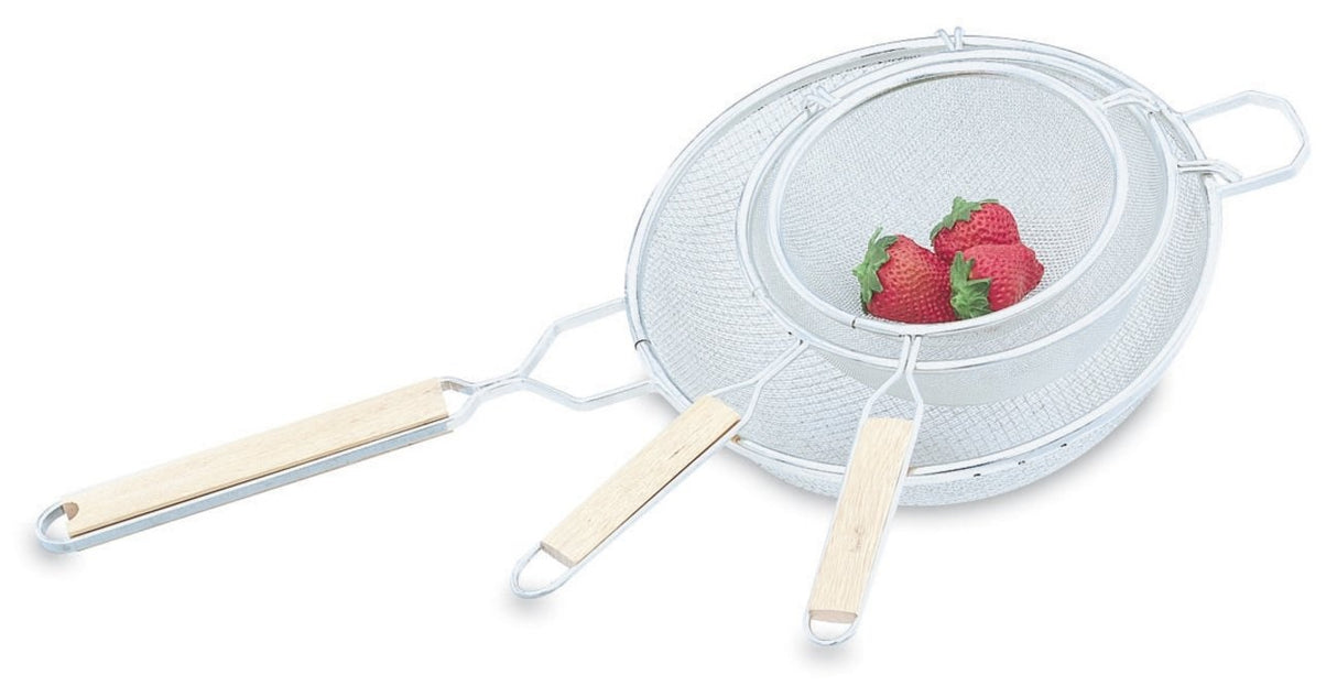 Vollrath 47193 Tinned Wire Fine Double Mesh Strainer with 10-1/4" dia. Bowl and 9" Wood Handle - 12/Case