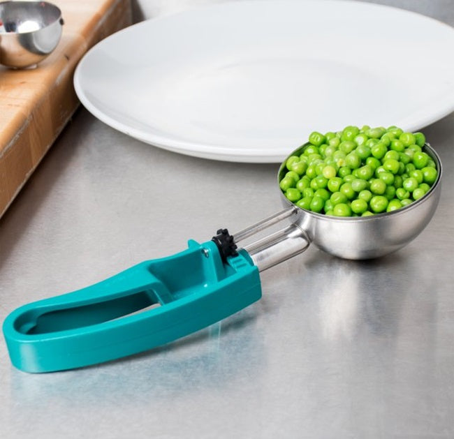 Vollrath 47389 Jacob's Pride Standard Length Disher with Teal Squeeze Handle 6 oz. - Size 5 - 12/Case