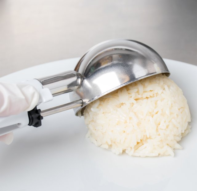 Vollrath 47390 Jacob's Pride Standard Length Disher with White Squeeze Handle 4.7 oz. - Size 6