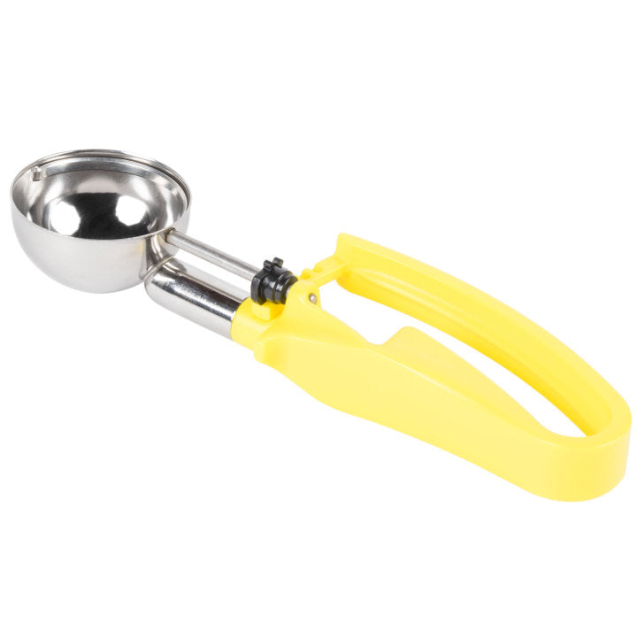 Vollrath 47396 Jacob's Pride Standard Length Disher with Royal Yellow Squeeze Handle 1.8 oz. - Size 20 - 12/Case