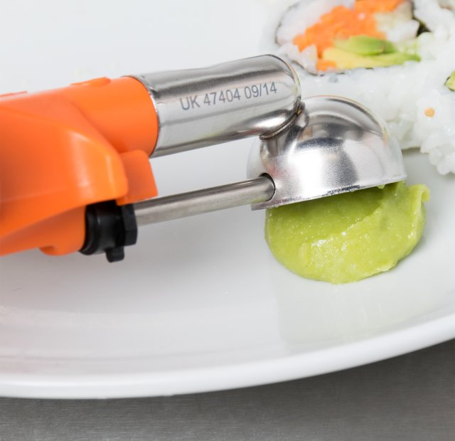 Vollrath 47404 Jacob's Pride Standard Length Disher with Orange Squeeze Handle 0.33 oz. - Size 100