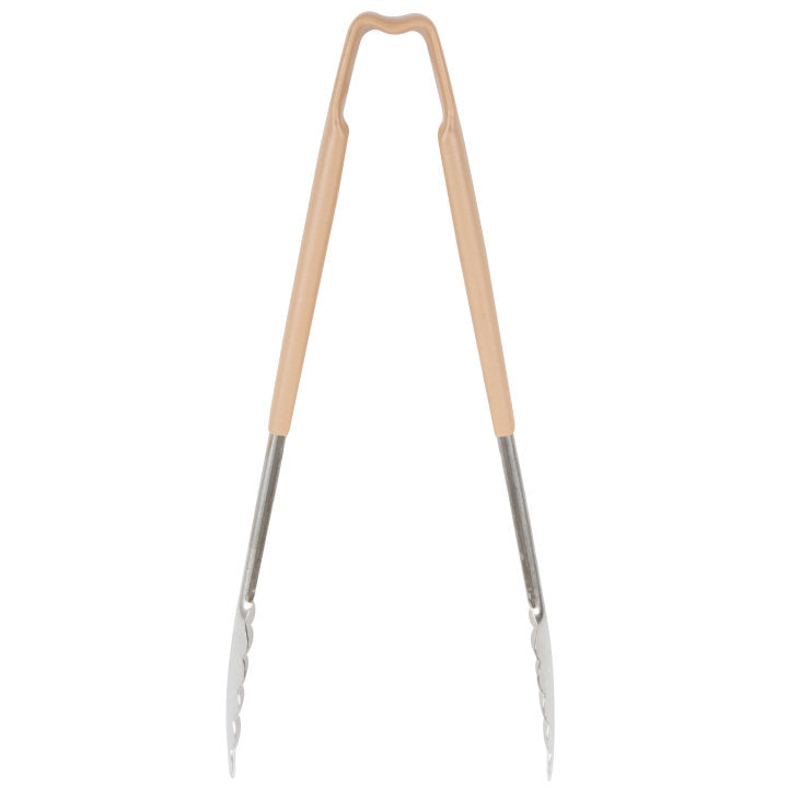 Vollrath 4781260 Jacob's Pride 1-Piece Stainless Steel Scalloped Utility Tongs with Color-Coded Kool-Touch Handle 12" - Tan