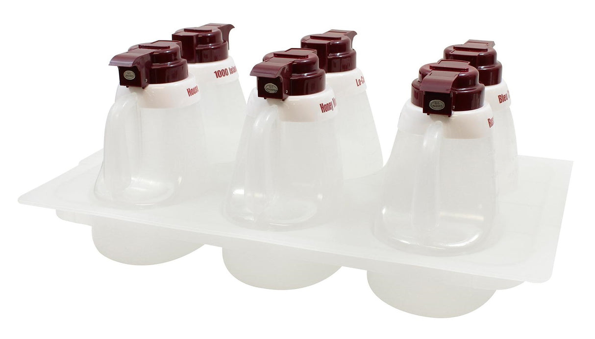 TableCraft 483 Salad Dressing Dispenser Set - with Tray, (6) Dispensers, and Maroon Tops
