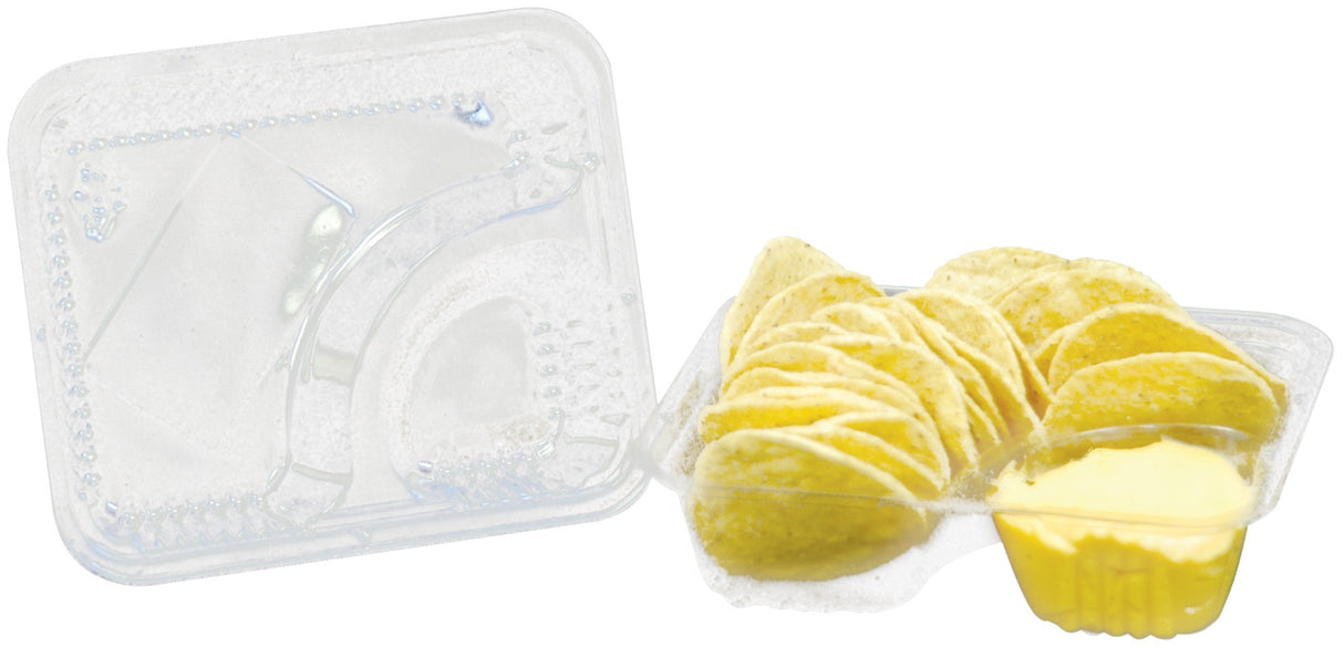 Winco 53021 Disposable Plastic 2-Compartment Nacho Serving Trays 5" x 6" - Clear - 50/Pack