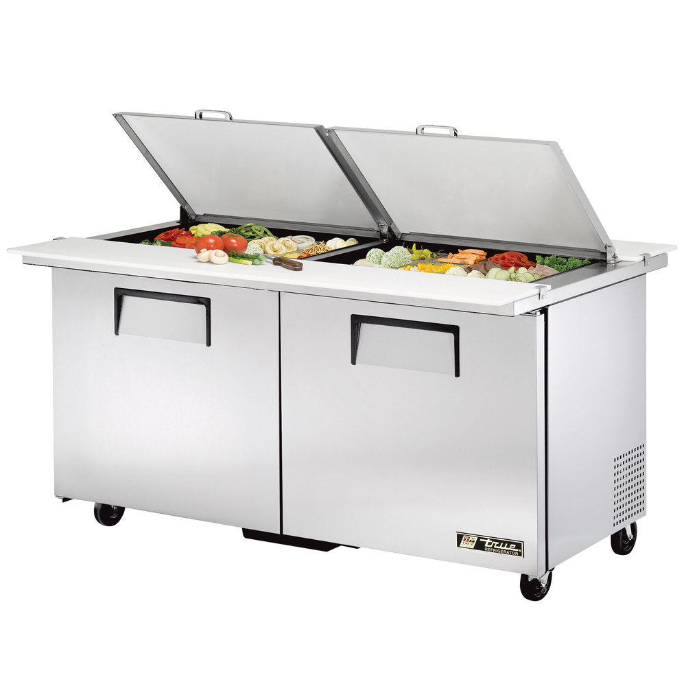 True TSSU-60-24M-B-DS-ST-HC 2-Section 2 Door Dual Side Mega Top Refrigerated Salad/Sandwich Prep Table 60" - Holds (24) 1/6 Size Pans - 115v