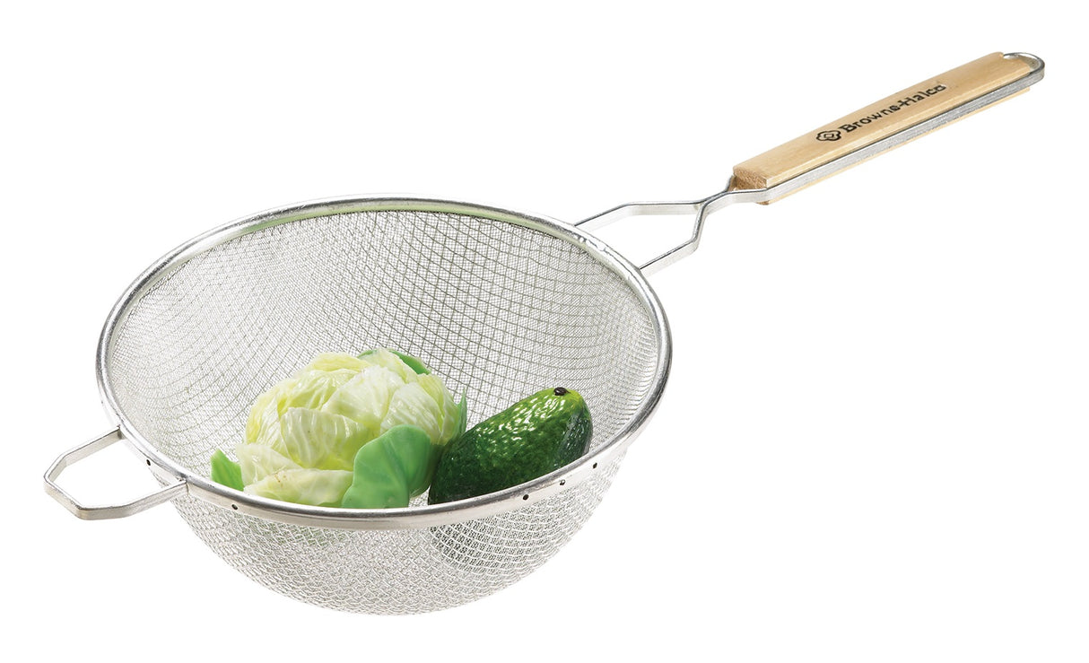 Browne 574130 Tin Medium Double Mesh Strainer with 10-4/5" dia. Bowl and 9" Wood Handle