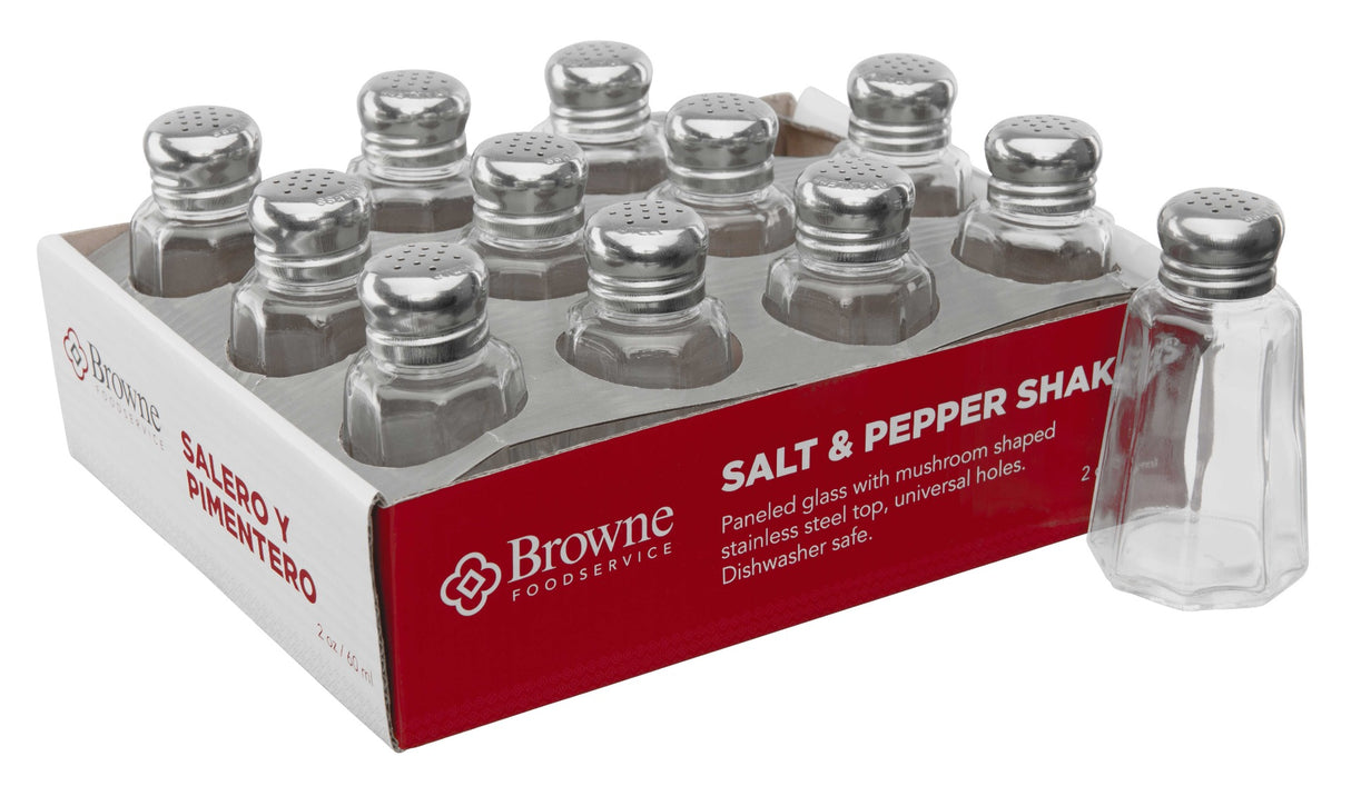 Browne 575223 Round Paneled Glass Salt & Pepper Shaker with Stainless Steel Top 3 oz. - Clear - 12/Set