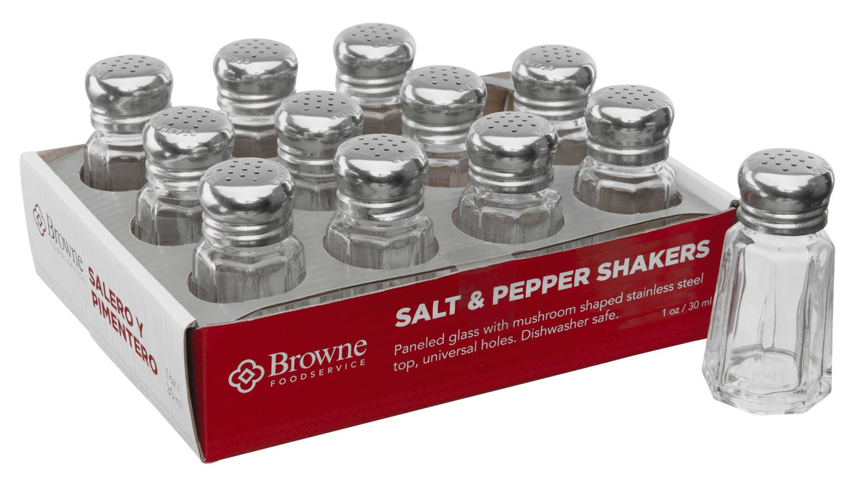 Browne 575224 Round Paneled Glass Salt & Pepper Shaker with Stainless Steel Top 1 oz. - Clear - 12/Set