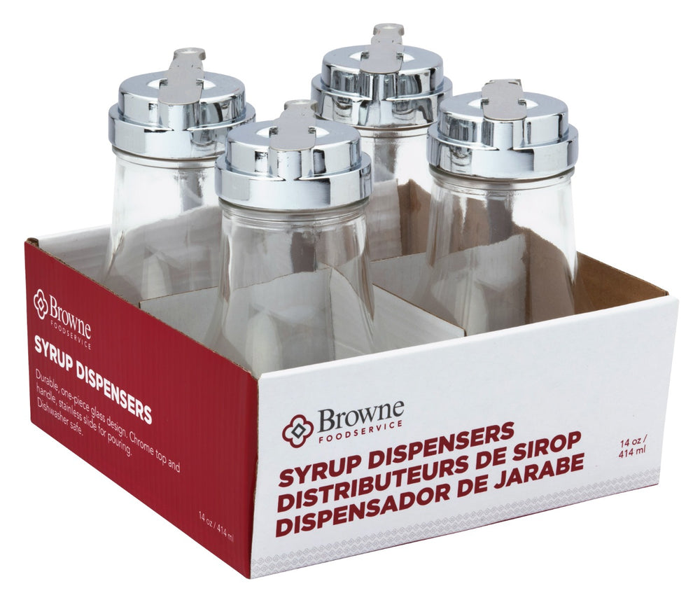 Browne 575229 Teardrop Glass Syrup Dispenser with Chrome-Plated Metal Top & Handle 14 oz. - 4/Set