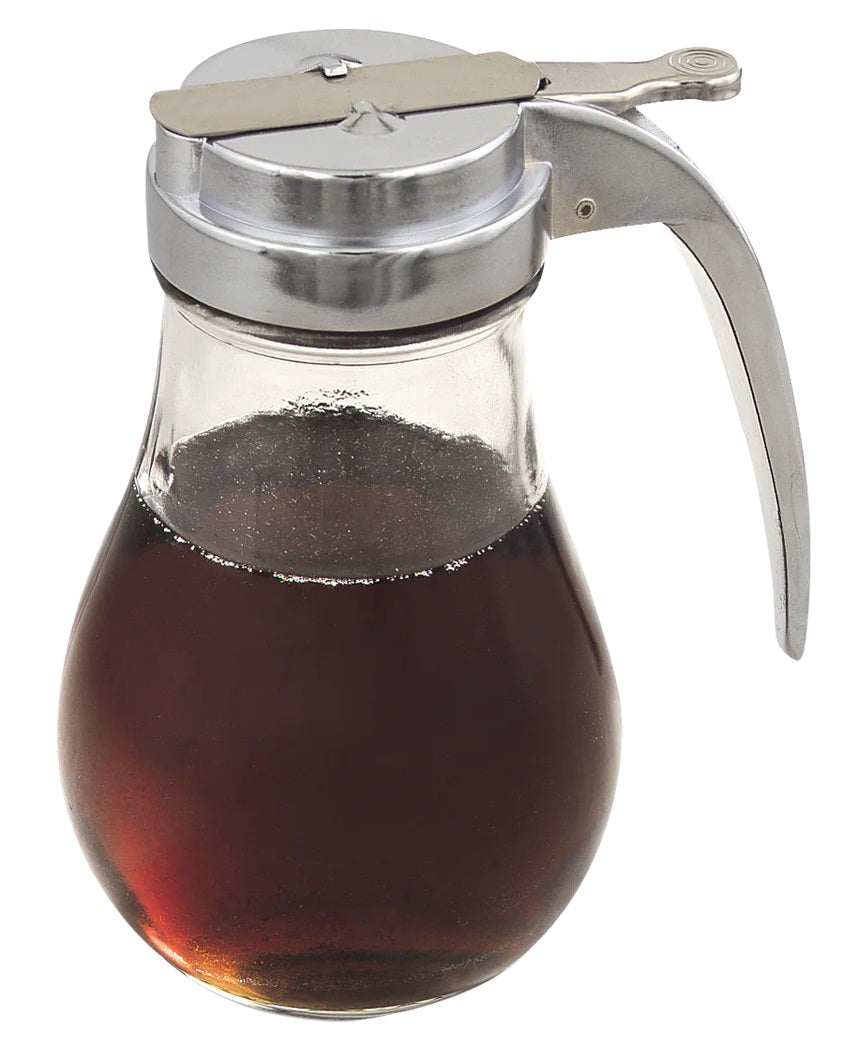 Browne 575229 Teardrop Glass Syrup Dispenser with Chrome-Plated Metal Top & Handle 14 oz. - 4/Set