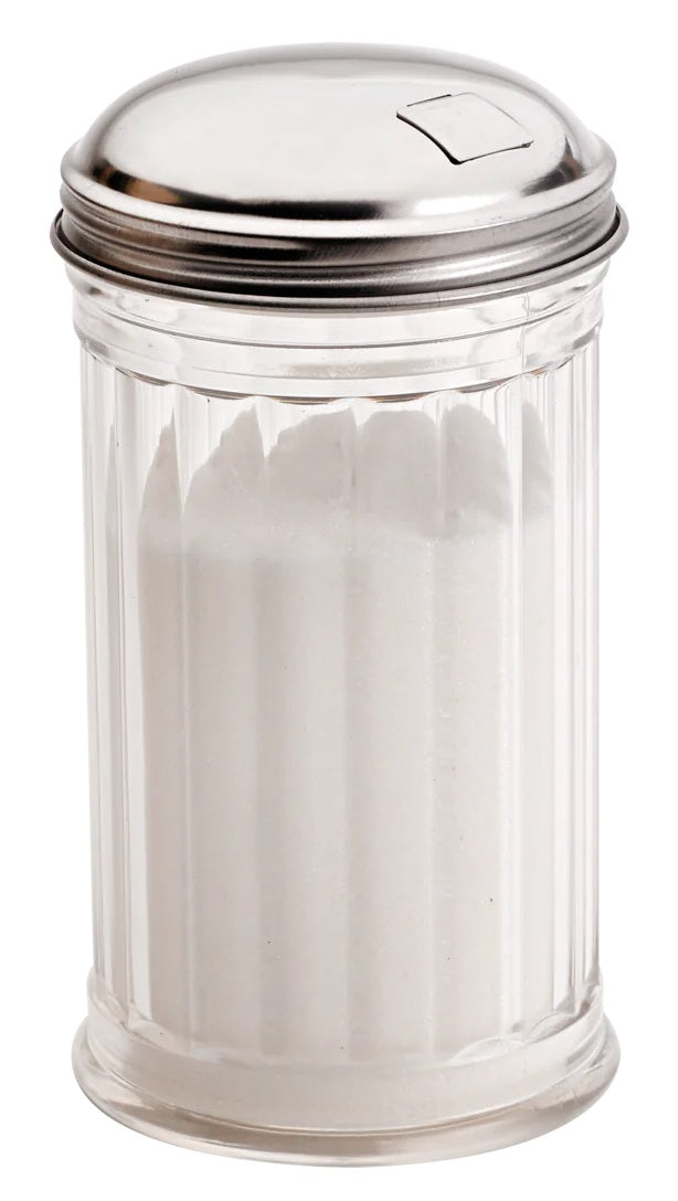 Browne 575231 Round Fluted Plastic Sugar Pourer with Stainless Steel Top 12 oz. - Clear - 4/Set