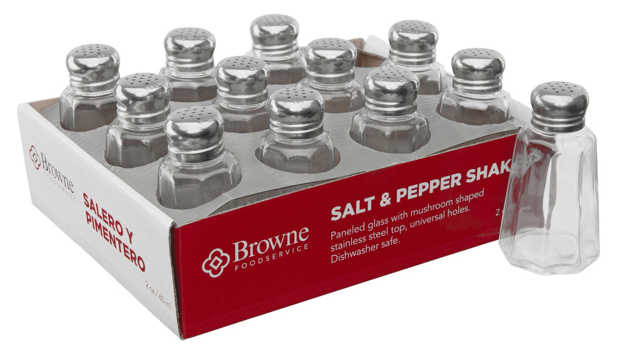Browne 575232 Round Paneled Glass Salt & Pepper Shaker with Stainless Steel Top 2 oz. - Clear - 12/Set