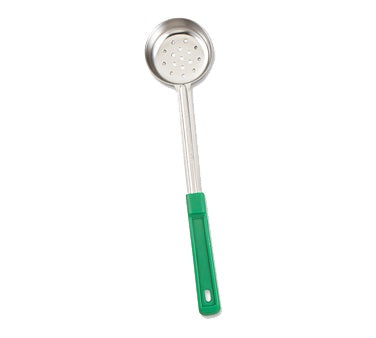 Browne 5757441 Color-Coded One-Piece Stainless Steel Perforated Round Food Portioner with Green Plastic Handle 4 oz.