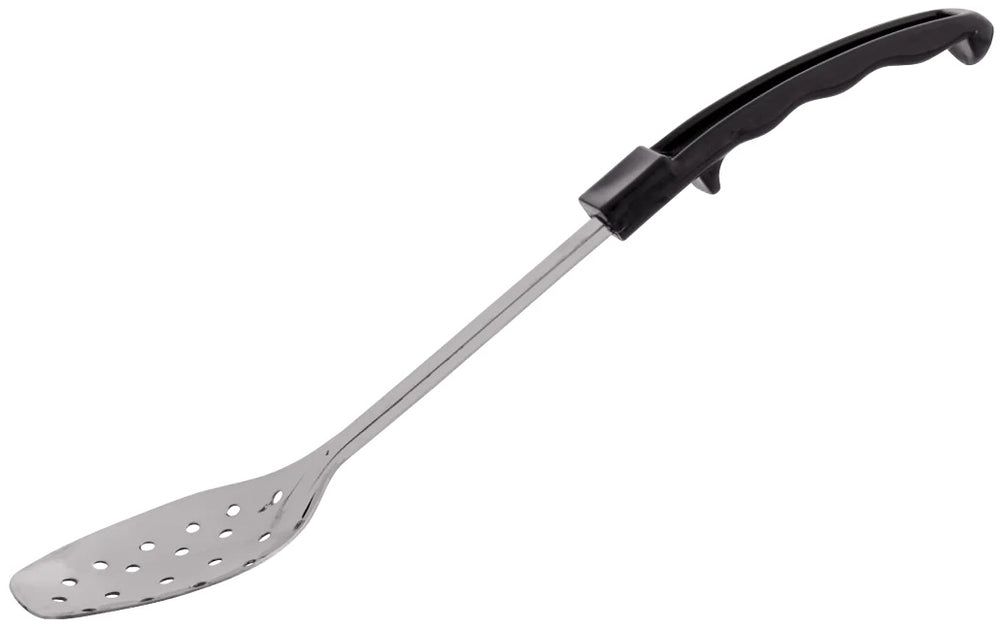 Browne 5763 Heavy Gauge Stainless Steel 3-Sided Perforated Serving Spoon with Black Plastic Handle 13"