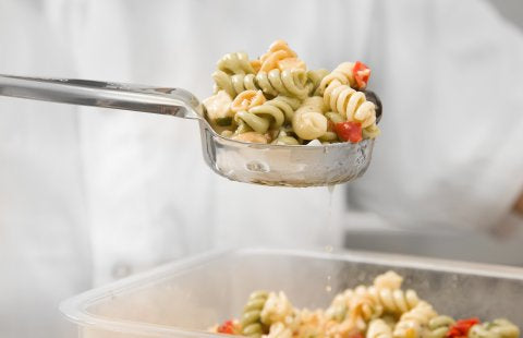 Vollrath 6432230 Jacob's Pride Color-Coded One-Piece Heavy-Duty Stainless Steel Perforated Round Spoodle Food Portioner with Blue Nylon Handle 2 oz.