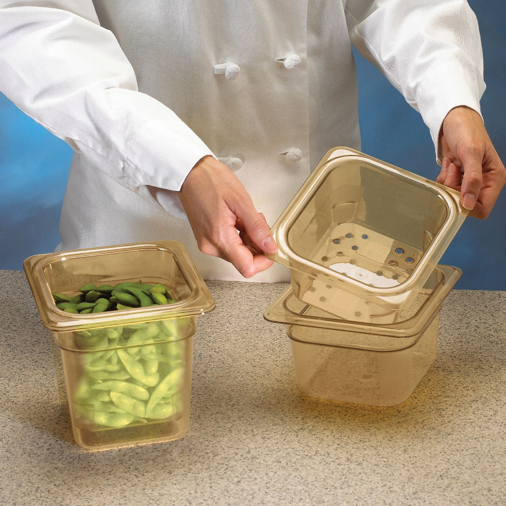 Cambro 64HP150 H-Pan High Heat Plastic Food Pan 4" Deep - 1/6 Size - Amber