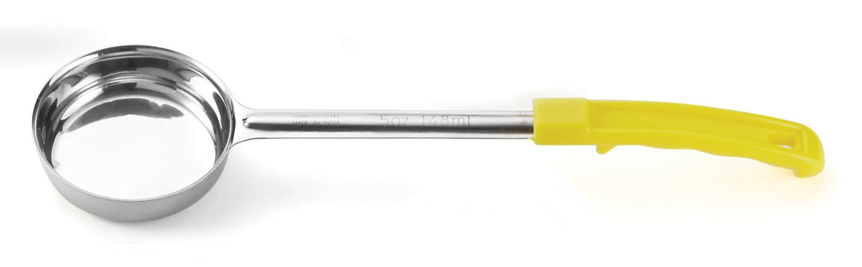 TableCraft 6705 Stainless Steel One-Piece Solid Spoonout Spoodle / Portion Control Spoon with Yellow Plastic Handle 5 oz.