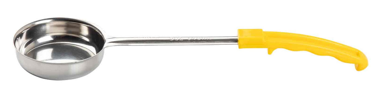 TableCraft 6705 Stainless Steel One-Piece Solid Spoonout Spoodle / Portion Control Spoon with Yellow Plastic Handle 5 oz.