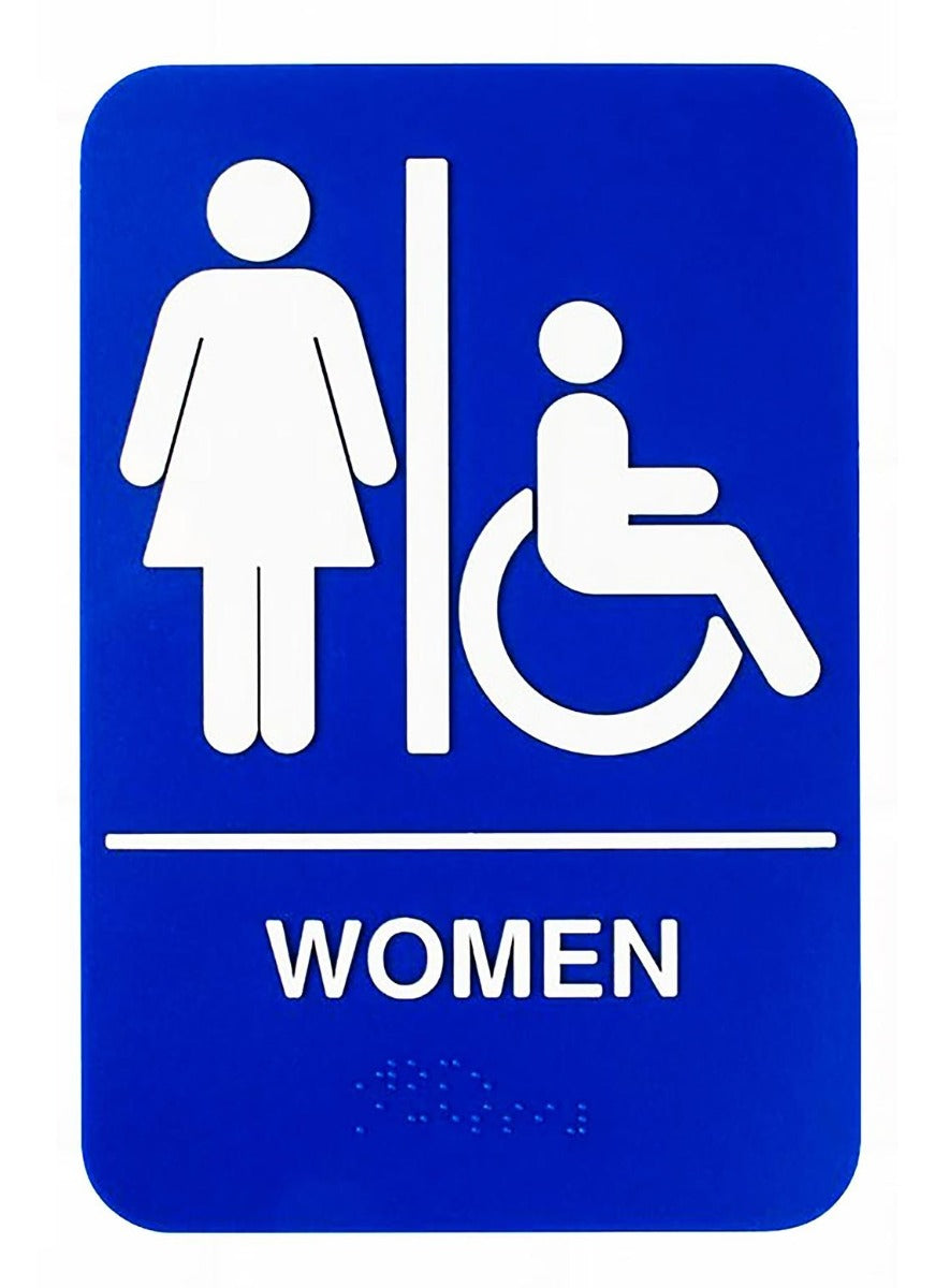 TableCraft 695630 Plastic ADA "Women / Accessible" Restroom Sign with Handicapped Symbol & Braille 6" x 9" - Blue / White