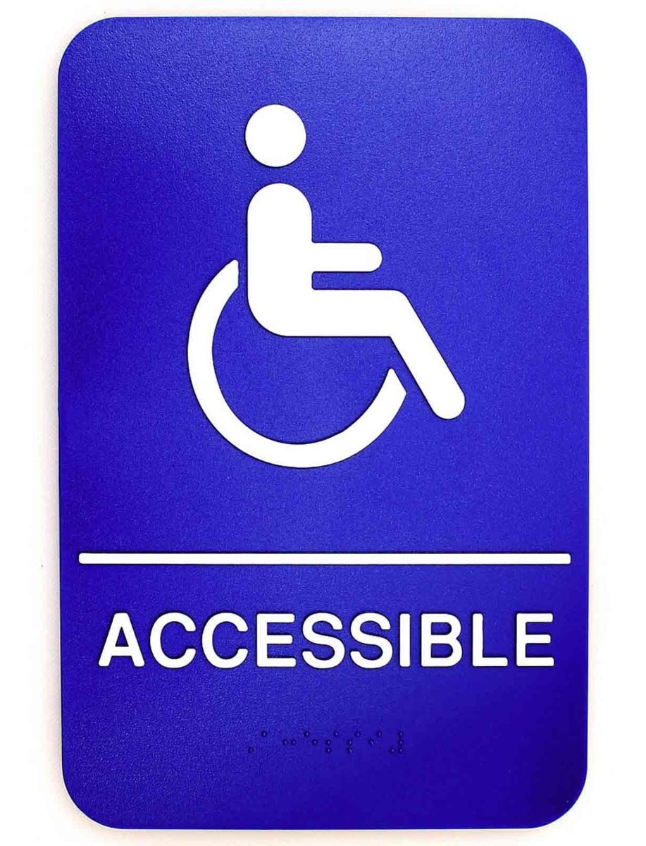 TableCraft 695632 Plastic ADA "Accessible" Sign with Handicapped Symbol & Braille 6" x 9" - Blue / White