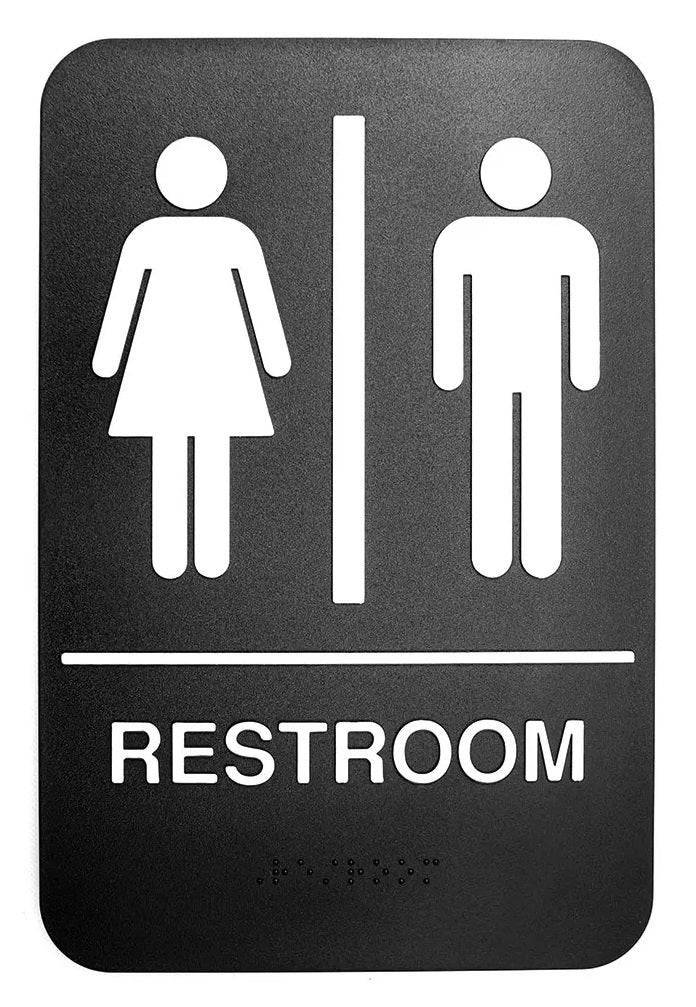 TableCraft 695633 Plastic ADA "Women / Men Restroom" Restroom Sign with Braille 6" x 9" - Black / White - 72/Case
