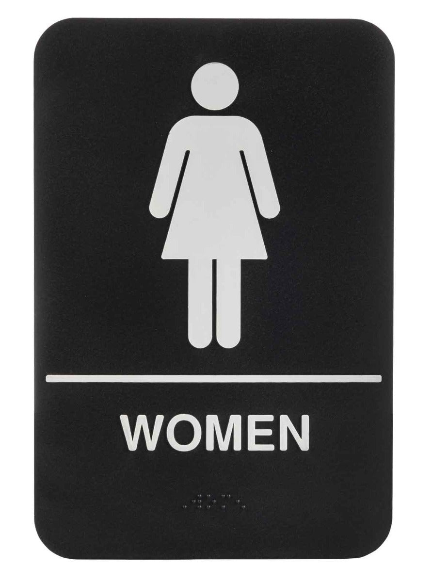 TableCraft 695634 Plastic ADA "Women" Restroom Sign with Braille 6" x 9" - Black / White