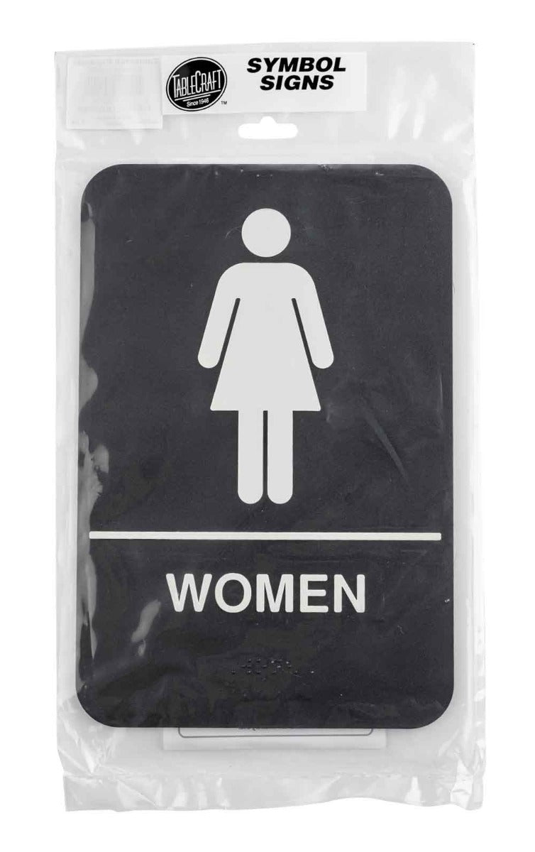 TableCraft 695634 Plastic ADA "Women" Restroom Sign with Braille 6" x 9" - Black / White