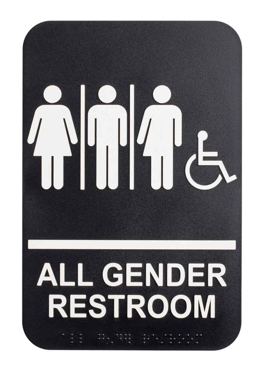 TableCraft 695652 Plastic ADA "All Gender Restroom" Restroom Sign with Braille 6" x 9" - Black / White - 72/Case