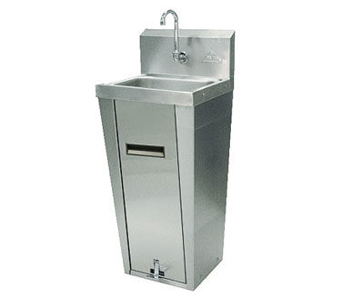 Advance Tabco 7-PS-90 Stainless Steel Hands Free Pedestal Mounted Base Hand Sink 17-1/4" x 15-1/4"F/B x 42"H with Splash Mounted Faucet and 14" x10" x 5" Deep Bowl