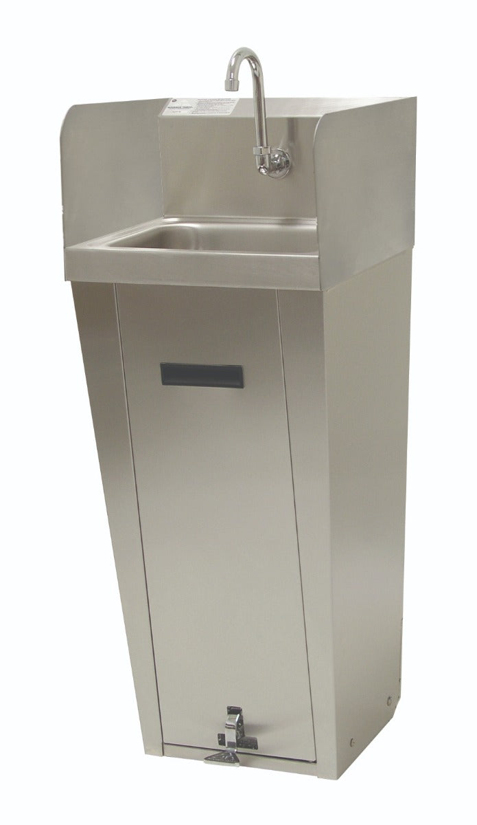 Advance Tabco 7-PS-96 Stainless Steel Hands Free Pedestal Mounted Base Hand Sink 17-1/4" x 15-1/4"F/B x 42"H with Splash Mounted Faucet and 14" x10" x 5" Deep Bowl - Left/Right Side Splashes