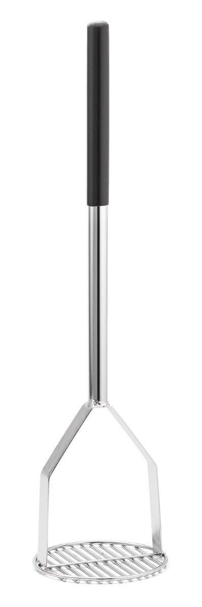 TableCraft 7324 Chrome-Plated Steel Potato Masher with 6" Round Face and Black Vinyl Handle 24"OAL