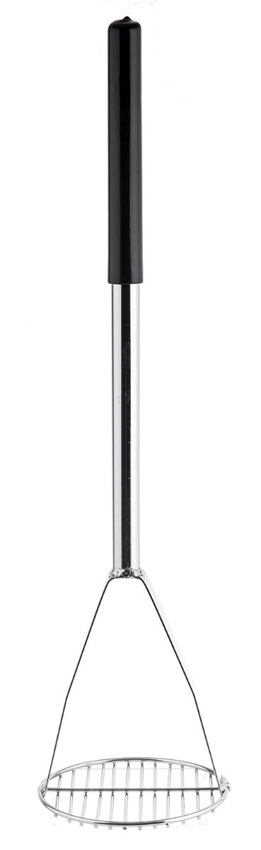 TableCraft 7324 Chrome-Plated Steel Potato Masher with 6" Round Face and Black Vinyl Handle 24"OAL