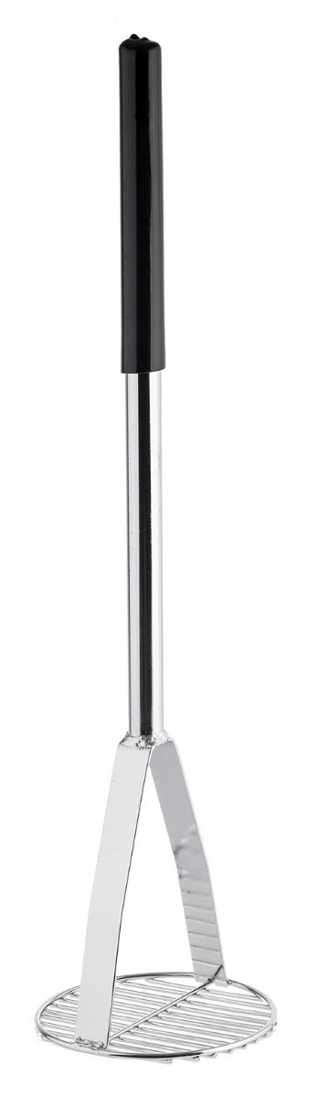 TableCraft 7324 Chrome-Plated Steel Potato Masher with 6" Round Face and Black Vinyl Handle 24"OAL