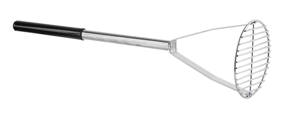 TableCraft 7324 Chrome-Plated Steel Potato Masher with 6" Round Face and Black Vinyl Handle 24"OAL