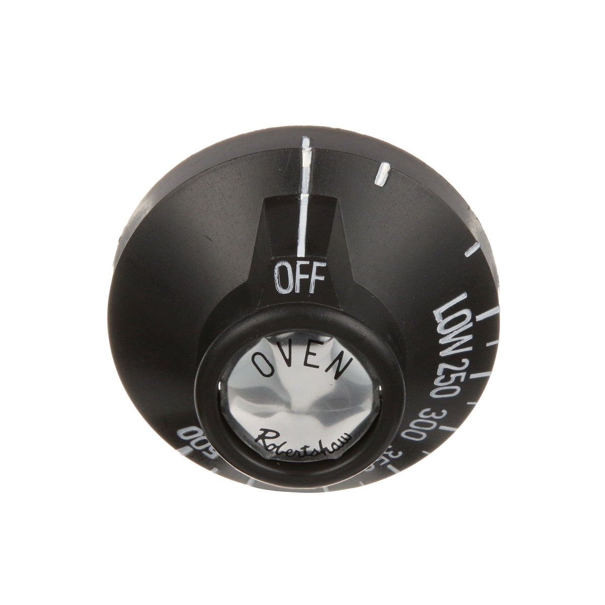 AllPoints 8008802 Oven Knob Fixed Dial with Off and Low plus 250 - 500F Temperature Range 2-3/8" dia. - Black - for Vulcan Hart