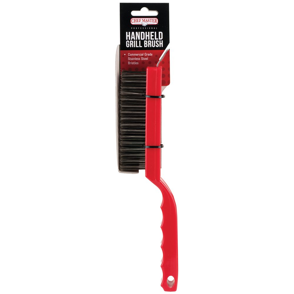Chef Master 90044 Handheld Grill Brush with Scraper Blade & Plastic Handle 10-1/2" - Red