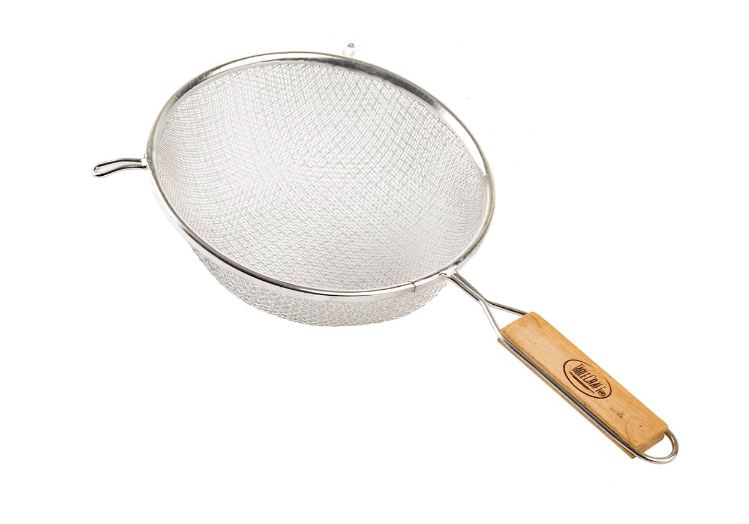 TableCraft 98 Tin-Plated Medium Double Mesh Strainer with 8" dia. Bowl and Wood Handle - 12/Case