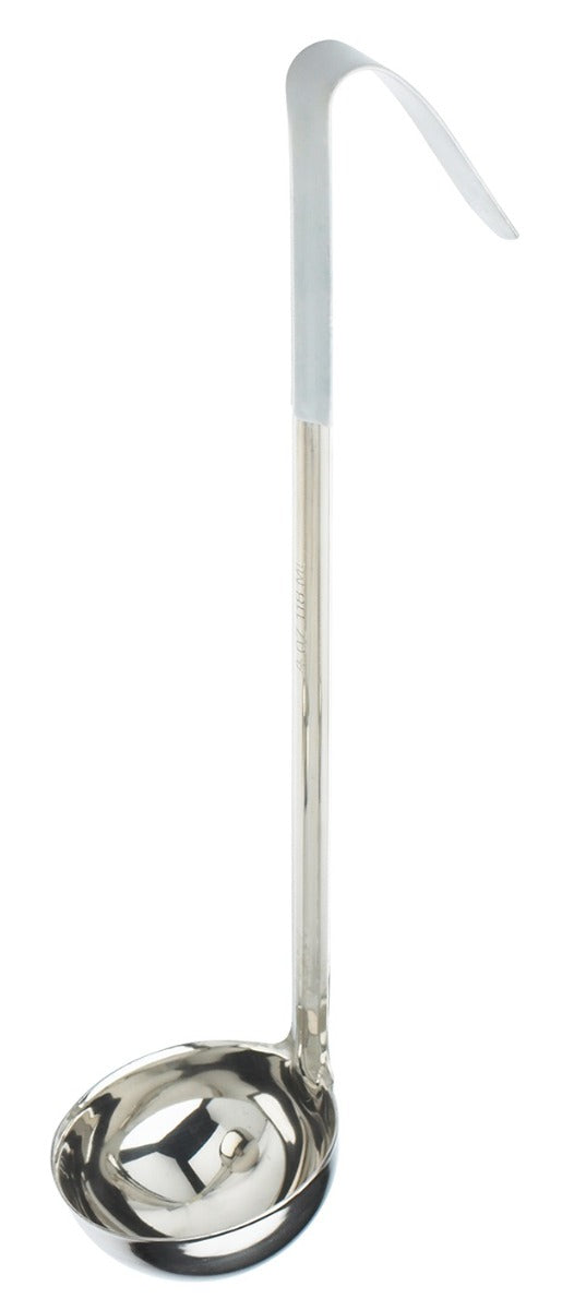 Browne 9944GRY Color-Coded One-Piece Stainless Steel Ladle with Gray Plastic Hooked Handle 4 oz.