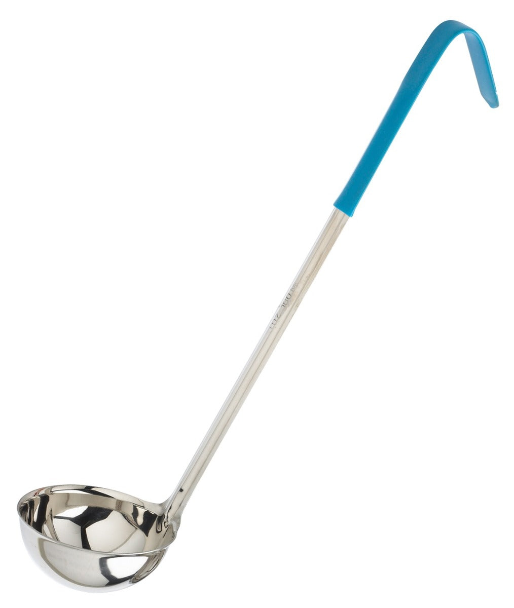 Browne 9946TL Color-Coded One-Piece Stainless Steel Ladle with Teal Plastic Hooked Handle 6 oz.