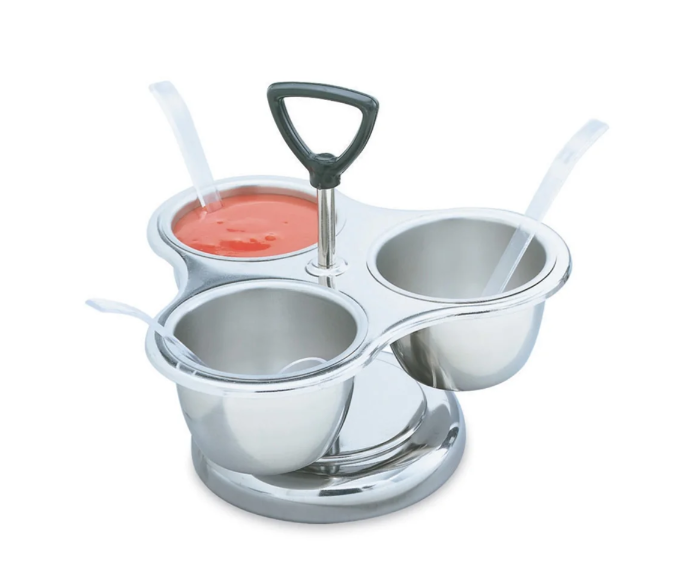 Vollrath 99637 Stainless Steel 3-Way Revolving Condiment Server with Rack and (3) 10 oz. Bowls
