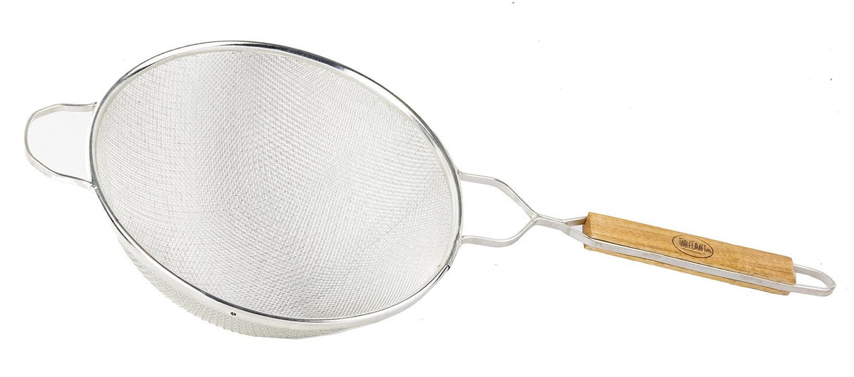 TableCraft 99 Tin-Plated Medium Double Mesh Strainer with 10-1/4" dia. Bowl and Wood Handle