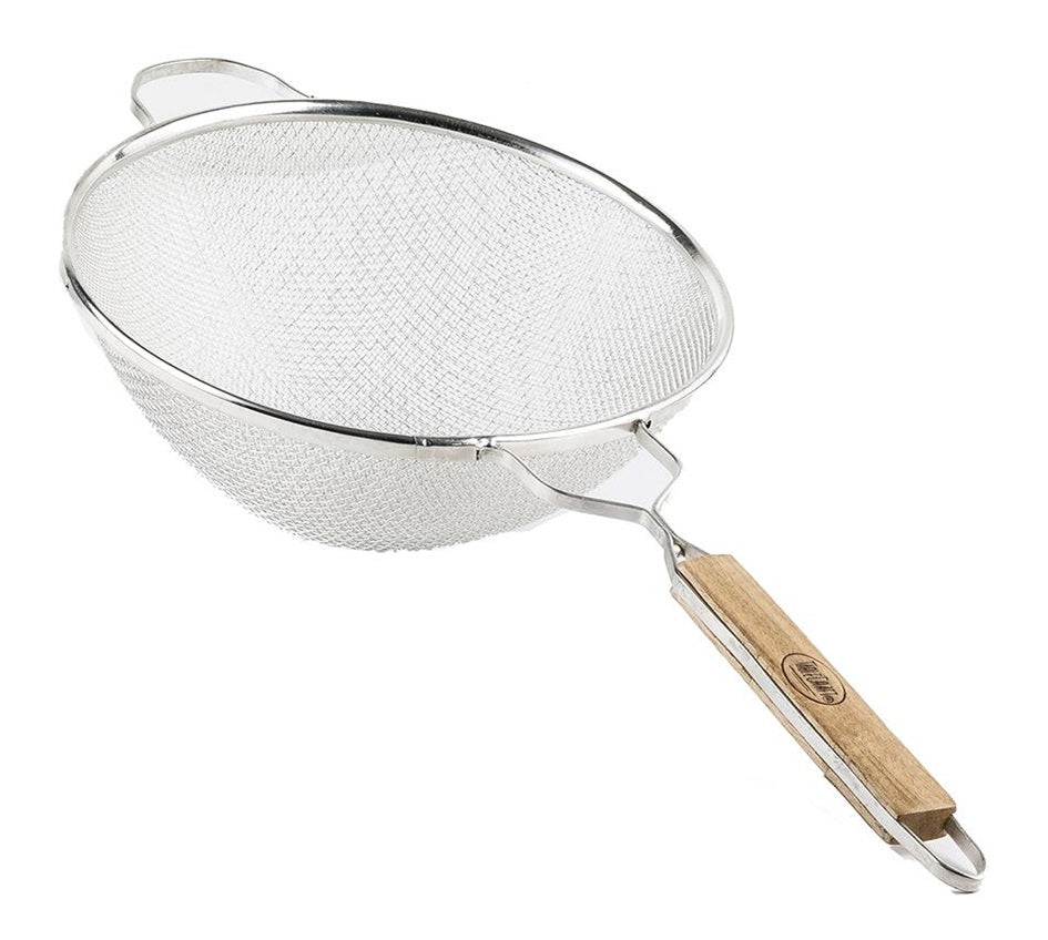 TableCraft 99 Tin-Plated Medium Double Mesh Strainer with 10-1/4" dia. Bowl and Wood Handle