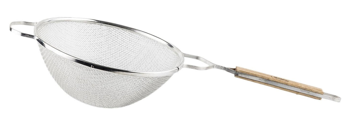 TableCraft 99 Tin-Plated Medium Double Mesh Strainer with 10-1/4" dia. Bowl and Wood Handle